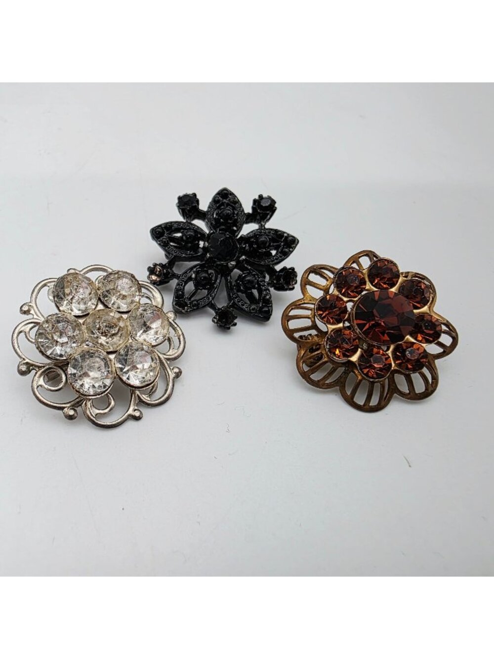 Vintage Floral Brooch Set With Rhinestones & Metalwork Gold Silver Black